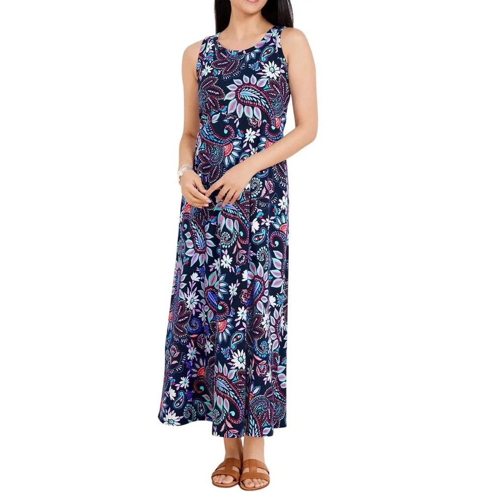 Talbots Sleeveless A Line Jersey Midi Dress XL Blue Purple Paisley Euro Summer - Picture 1 of 12
